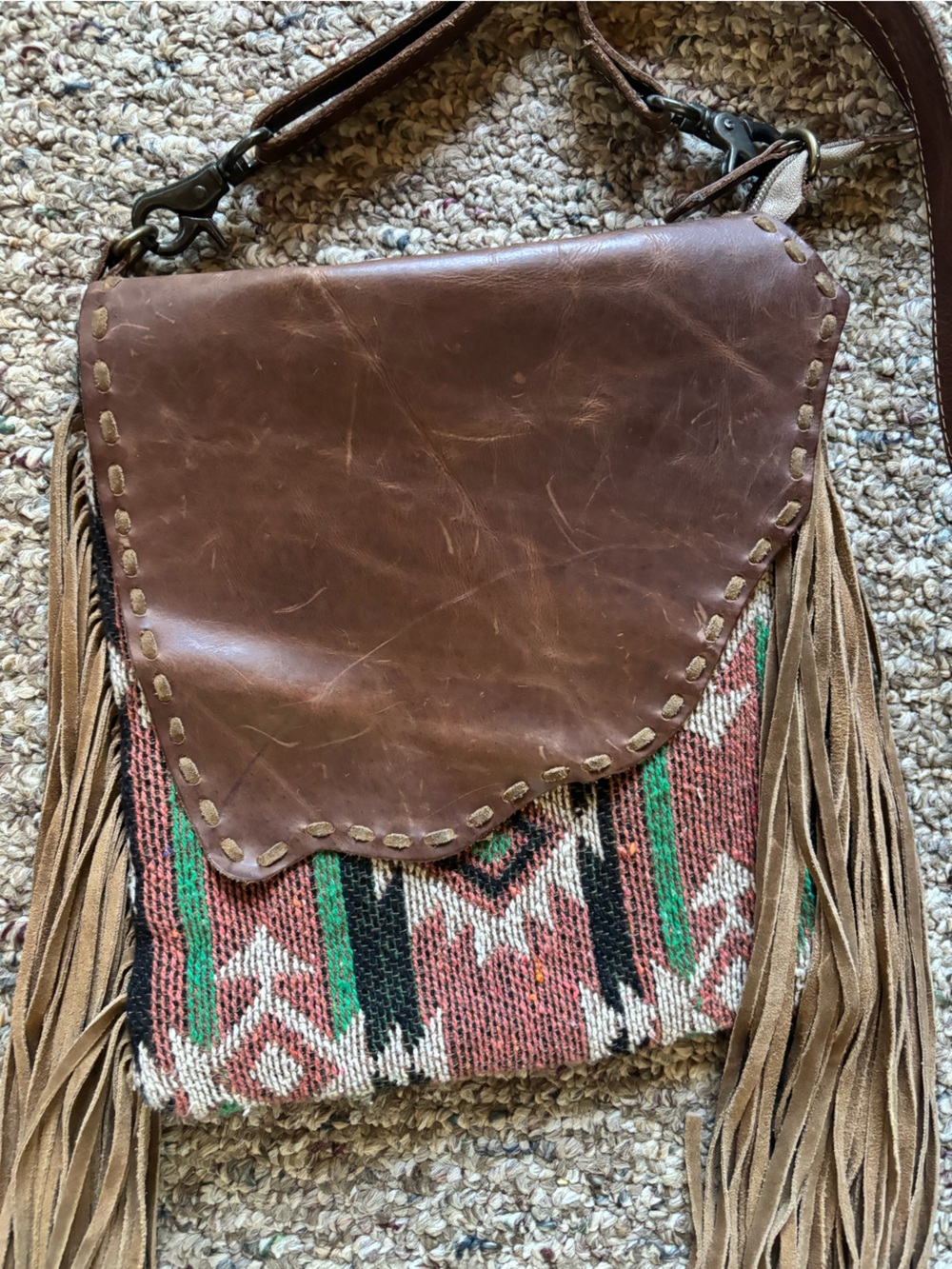 Myra Bag Brown Leather Fringe Crossbody with Aztec Textile - Picture 2 of 9